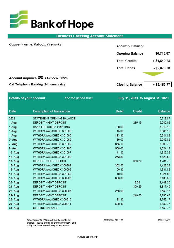 Modèle Word et PDF de relevé de compte courant de la société Bank of Hope